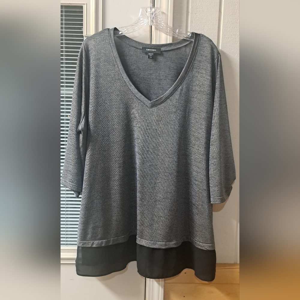 Karen Kane V-Neck Blouse Top Shimmer Metallic Party Sheer Hem 2x